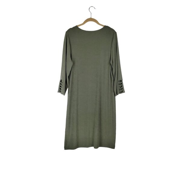 Chicos Travelers Lattice Sleeve Shift Dress Olive Green Slinky Size 1 Medium - Picture 2 of 7